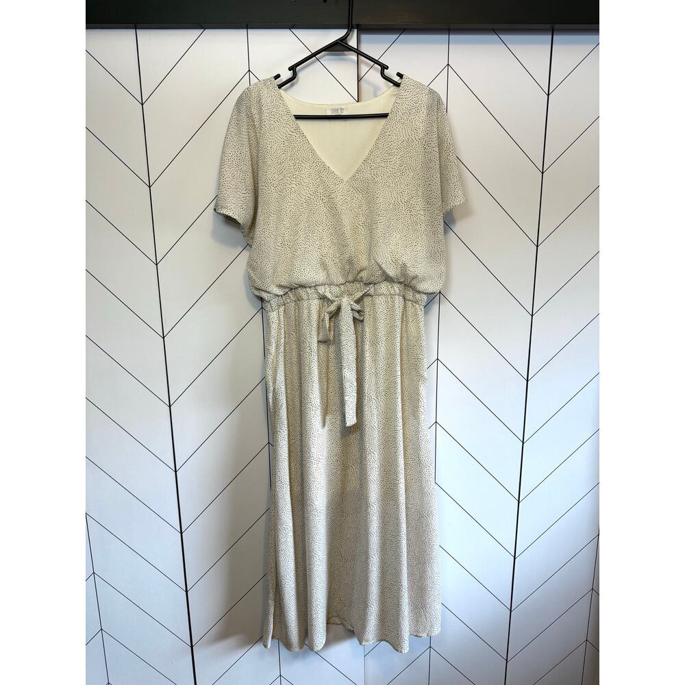 Sienna Sky Women’s XL White Brown Polka Dot V-neck Short Sleeve dress Pockets